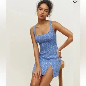 Reformation Noha Mini Dress Sz 4 Eve Blue Floral Square Neck Slit Dress